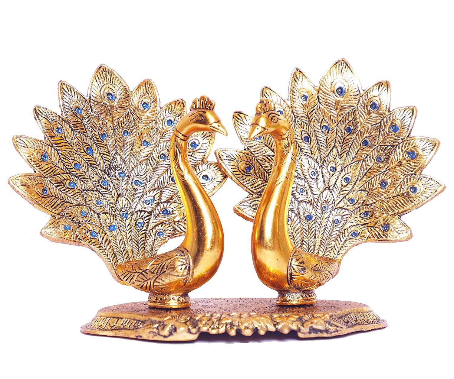 Metal Double Lovers Peacock Statue, Showpiece Figurine- Standard, Gold - YuvaFlowers