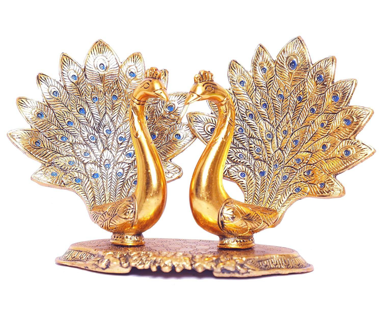 Metal Double Lovers Peacock Statue, Showpiece Figurine- Standard, Gold - YuvaFlowers