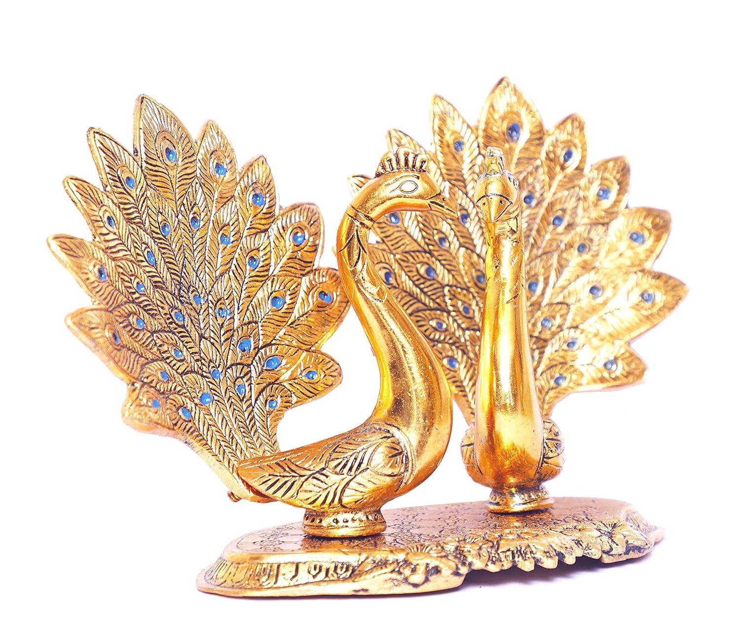 Metal Double Lovers Peacock Statue, Showpiece Figurine- Standard, Gold - YuvaFlowers