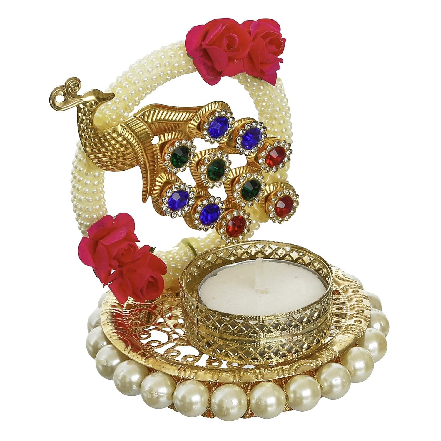Metal Peacock with Stones Handcrafted Tea Light Candle Holder for Diwali Festival, Home Decor, Table Decoration, Gift - YuvaFlowers