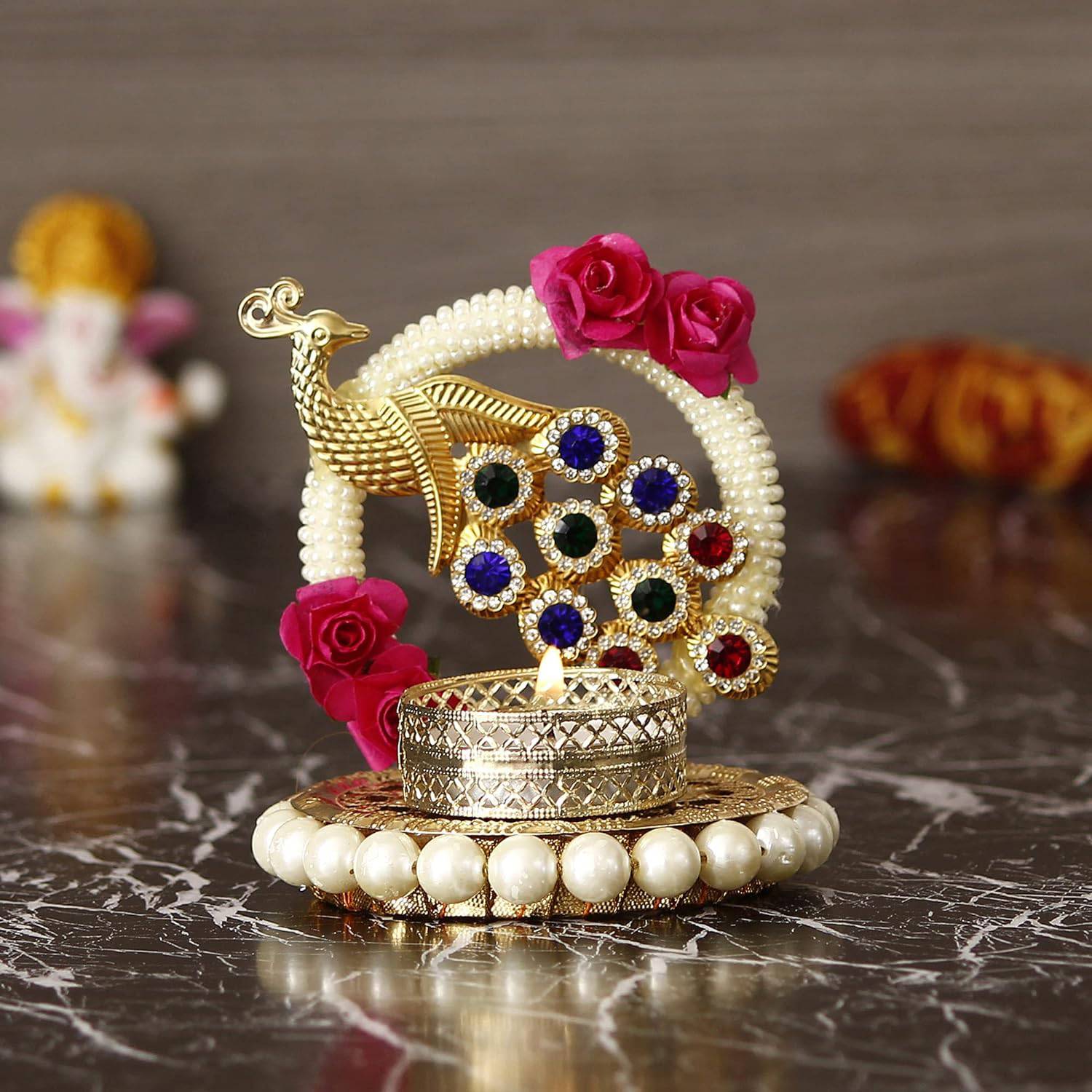 Metal Peacock with Stones Handcrafted Tea Light Candle Holder for Diwali Festival, Home Decor, Table Decoration, Gift - YuvaFlowers