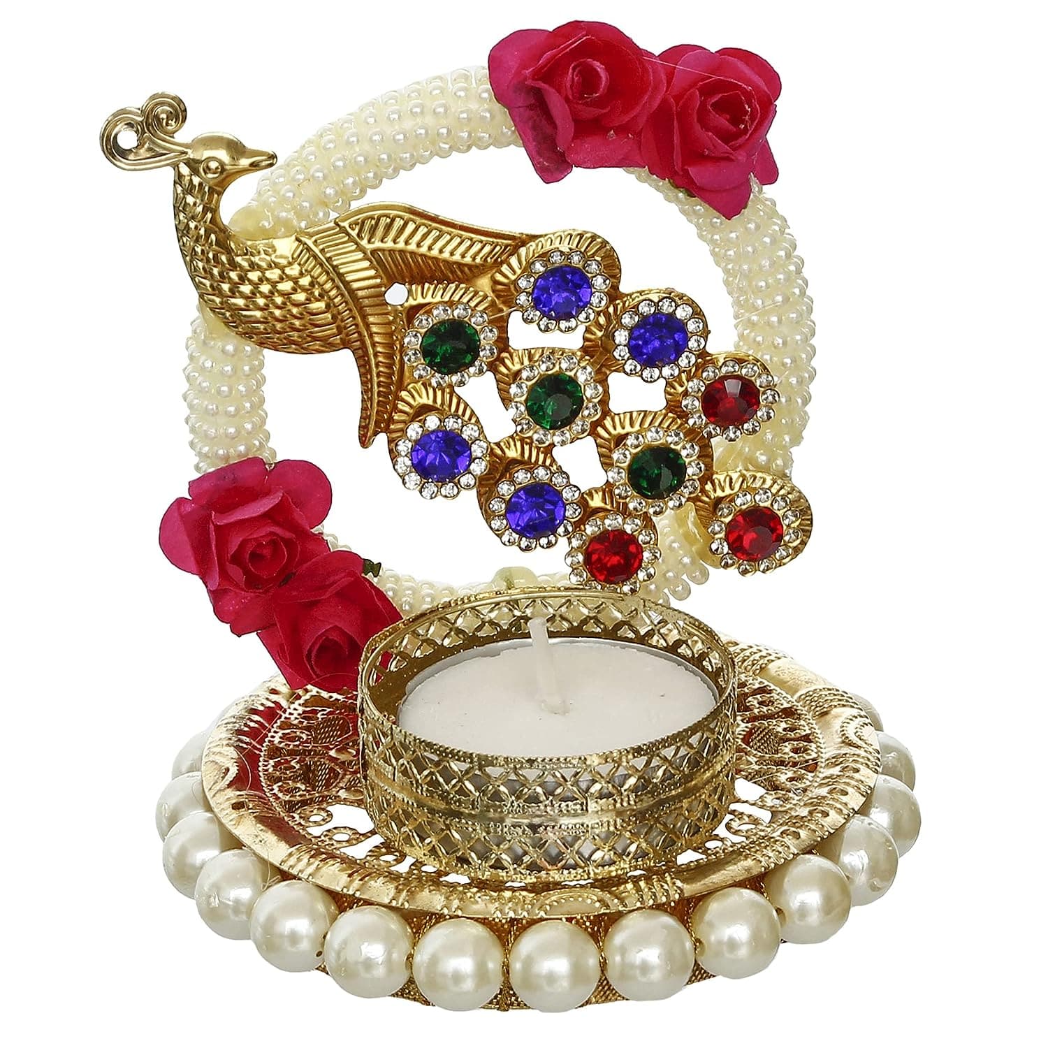 Metal Peacock with Stones Handcrafted Tea Light Candle Holder for Diwali Festival, Home Decor, Table Decoration, Gift - YuvaFlowers