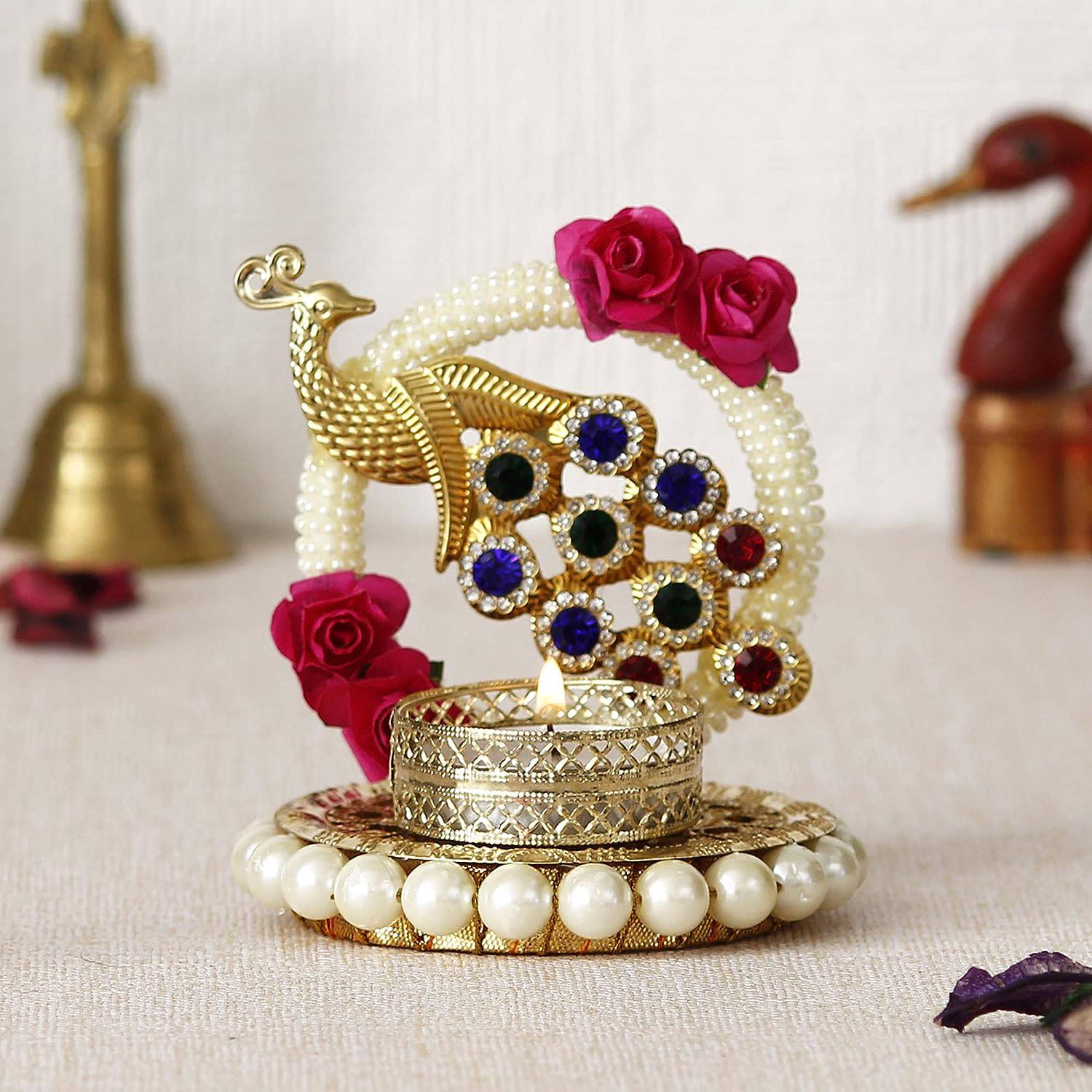 Metal Peacock with Stones Handcrafted Tea Light Candle Holder for Diwali Festival, Home Decor, Table Decoration, Gift - YuvaFlowers