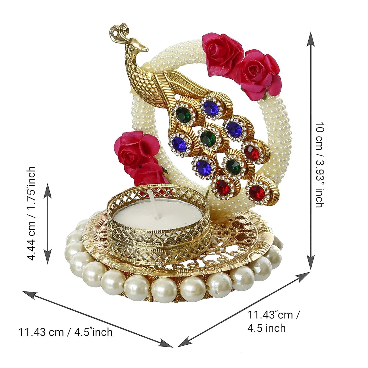 Metal Peacock with Stones Handcrafted Tea Light Candle Holder for Diwali Festival, Home Decor, Table Decoration, Gift - YuvaFlowers