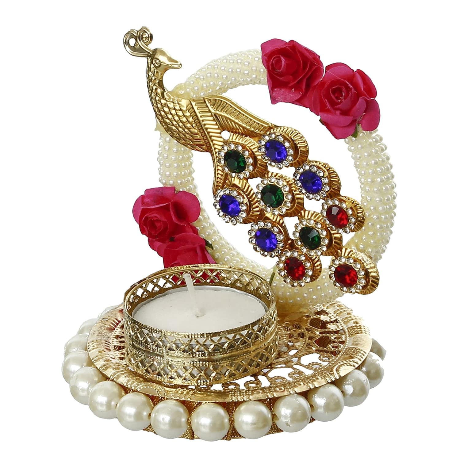 Metal Peacock with Stones Handcrafted Tea Light Candle Holder for Diwali Festival, Home Decor, Table Decoration, Gift - YuvaFlowers
