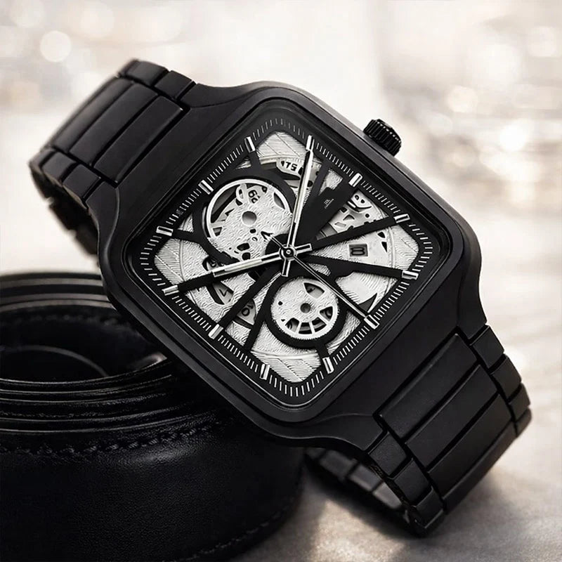 Midnight Edge Skeleton Automatic Watch – Black Steel Square Edition