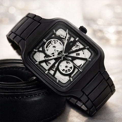 Midnight Edge Skeleton Automatic Watch – Black Steel Square Edition