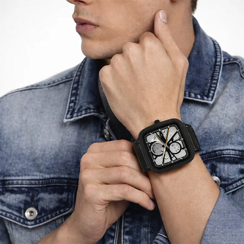 Midnight Edge Skeleton Automatic Watch – Black Steel Square Edition