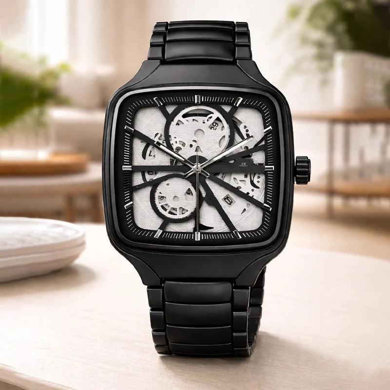 Midnight Edge Skeleton Automatic Watch – Black Steel Square Edition