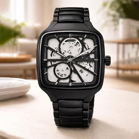 Midnight Edge Skeleton Automatic Watch – Black Steel Square Edition