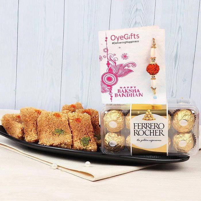 Milk Cake Ferrero Rocher Rakhi Combo Gift - YuvaFlowers