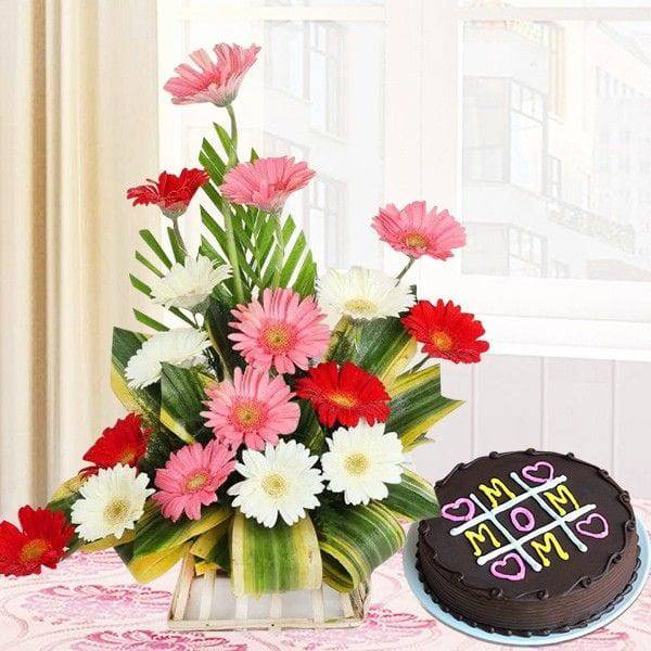 Mix Gerbera Arrangement With Cake For Mom - YuvaFlowers