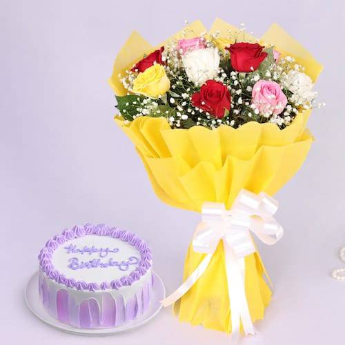Mixed Rose Bouquet With Vanilla Cake - YuvaFlowers