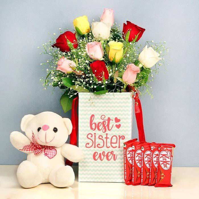 Mixed Roses  Combo with Teddy Kitkat - YuvaFlowers