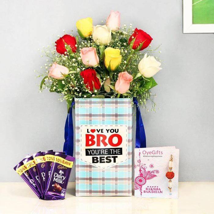 Mixed Roses With Dairy Milk  Rakhi Combo - YuvaFlowers