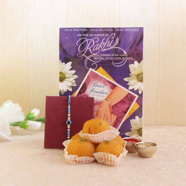 Motichoor Laddoo with designer rakhi - YuvaFlowers