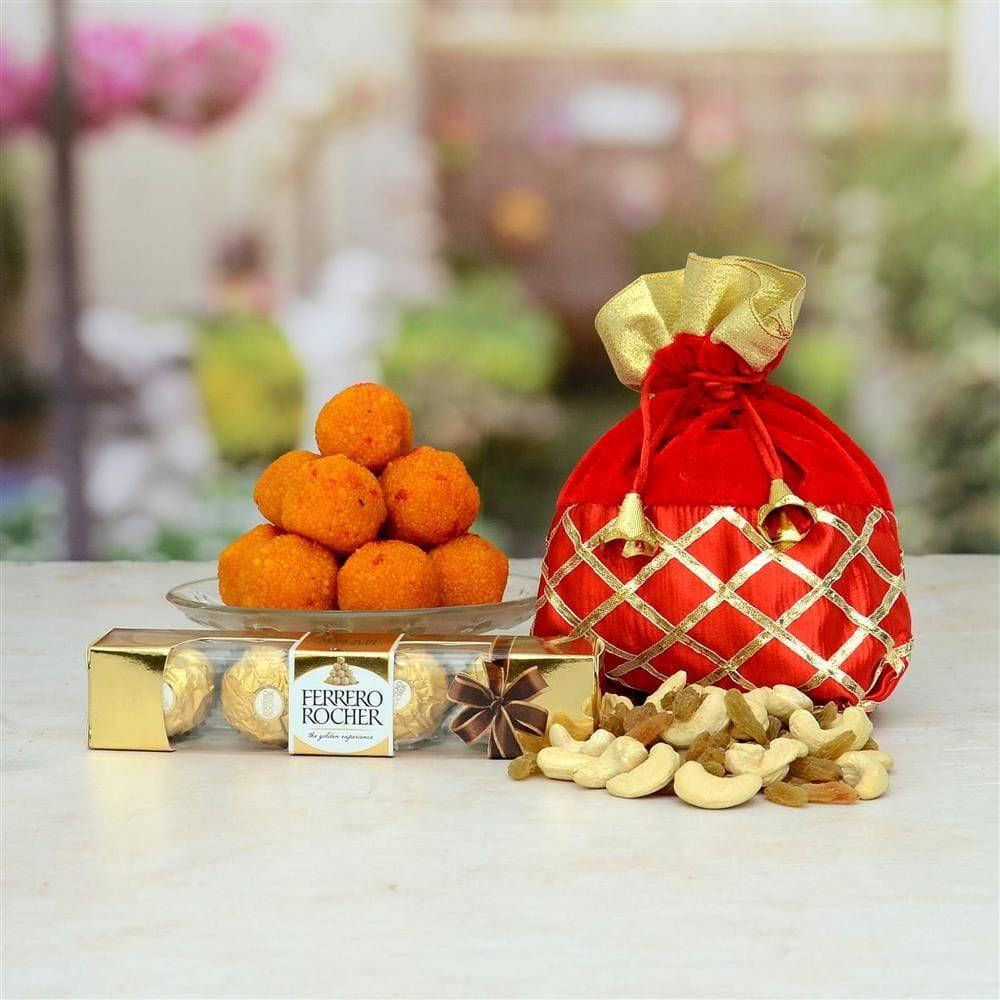 Motichoor Laddoo With Ferrero Rocher and Kaju Gift Hamper - YuvaFlowers