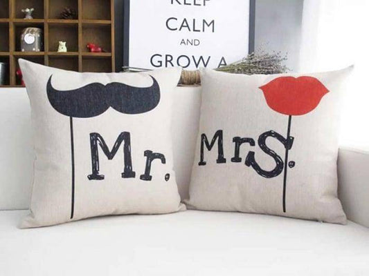 Mr Moustache And Mrs Red Lips Couple Cushions - YuvaFlowers