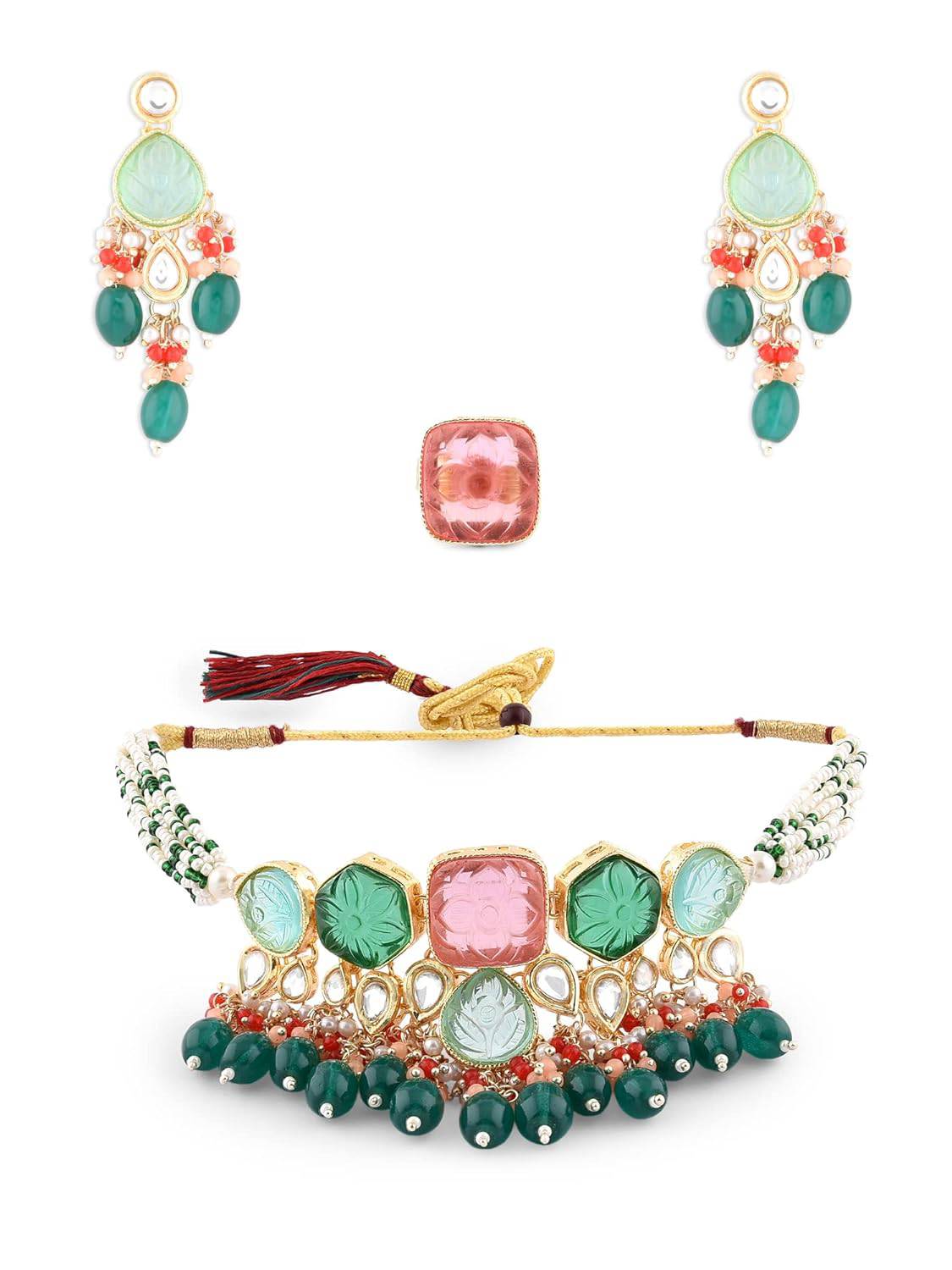 Multicolor Stones & Beads Multistrand Beaded Kundan Choker Necklace Earring & Ring Set For Women-ZPFK15095 - YuvaFlowers