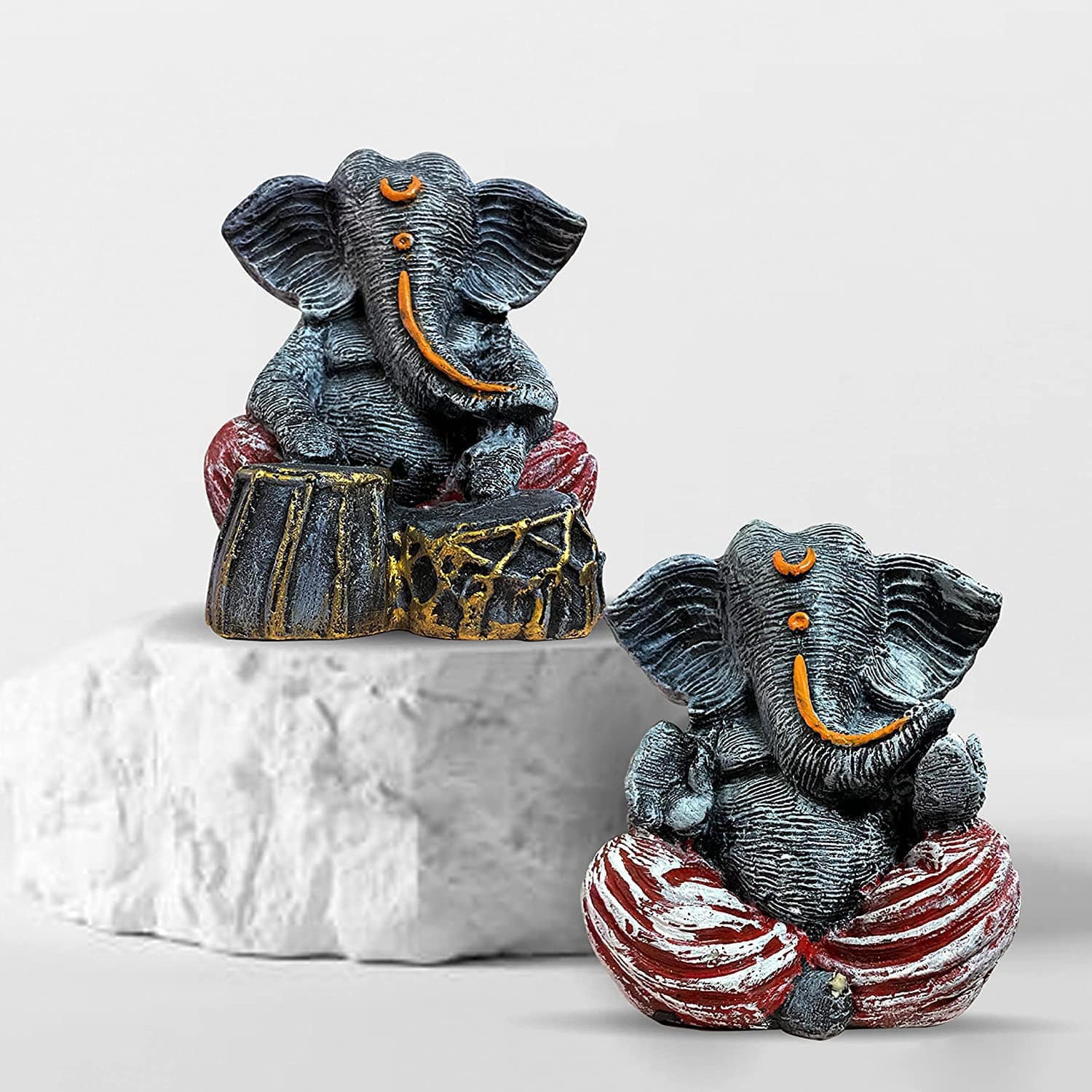 Musical Ganesha Pair for Home Decor | Brings Prosperity - (Orange and White, Pack of 2)(Resin) - YuvaFlowers