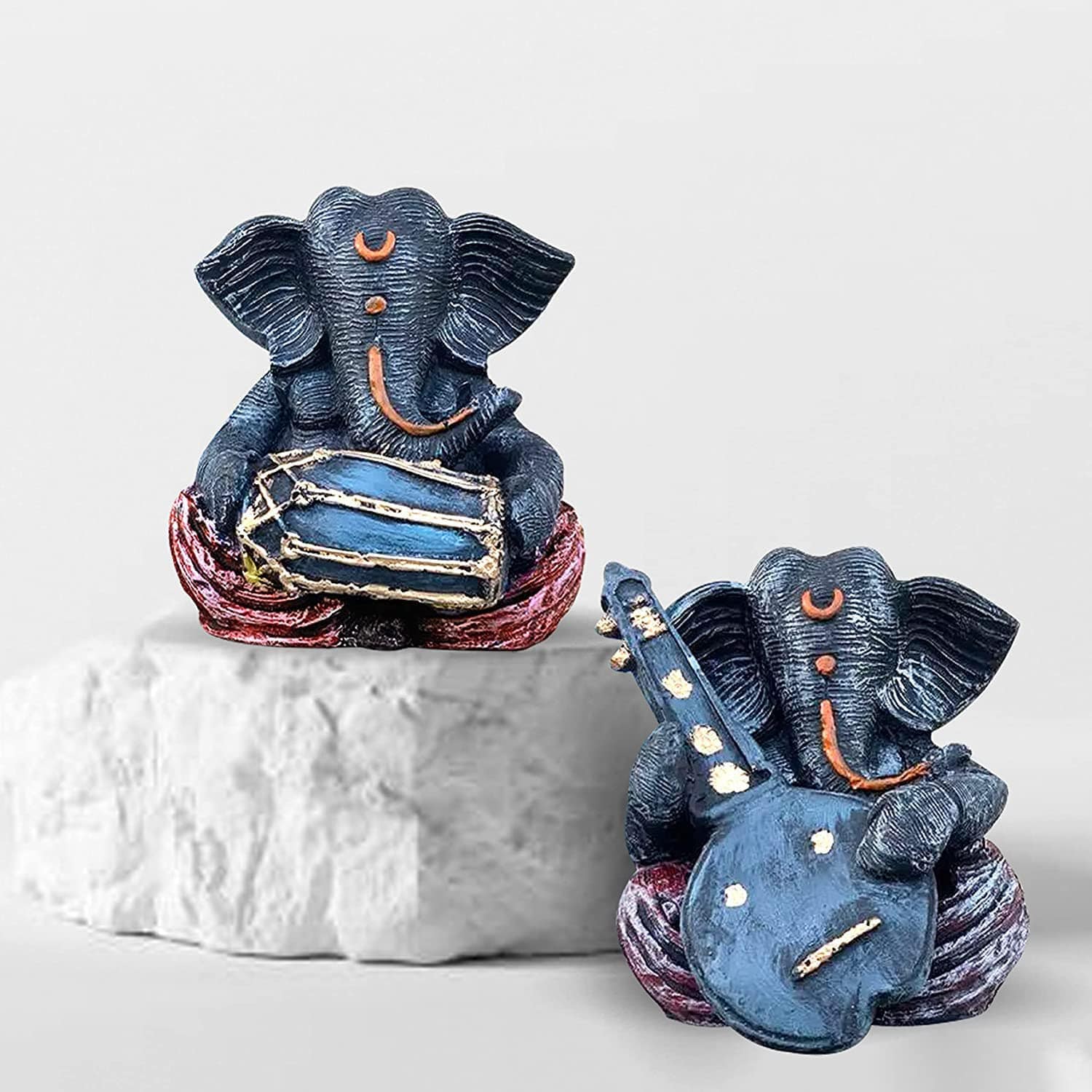 Musical Ganesha Pair for Home Decor | Brings Prosperity - (Orange and White, Pack of 2)(Resin) - YuvaFlowers
