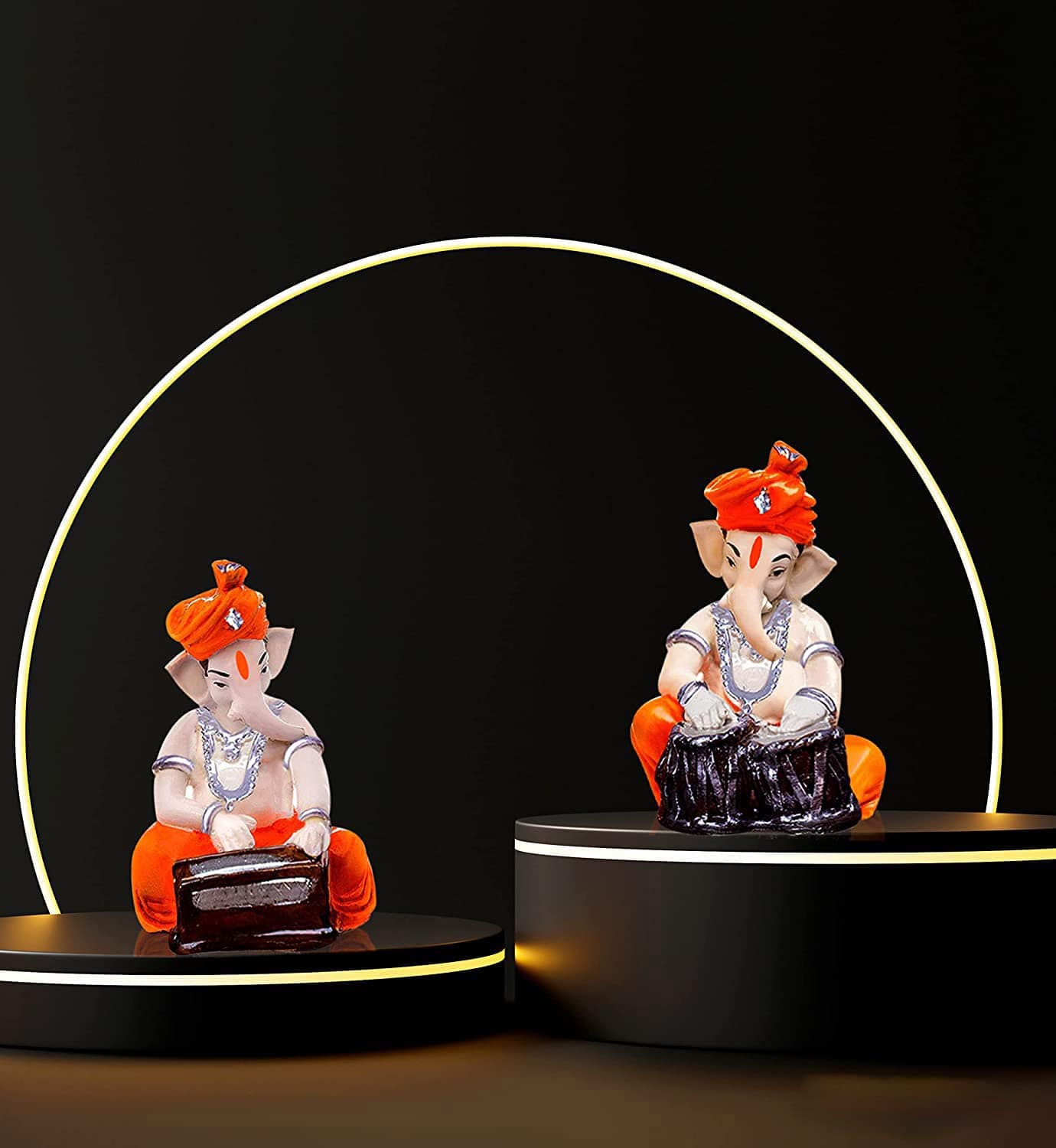 Musical Ganesha Pair for Home Decor | Brings Prosperity - (Orange and White, Pack of 2)(Resin) - YuvaFlowers