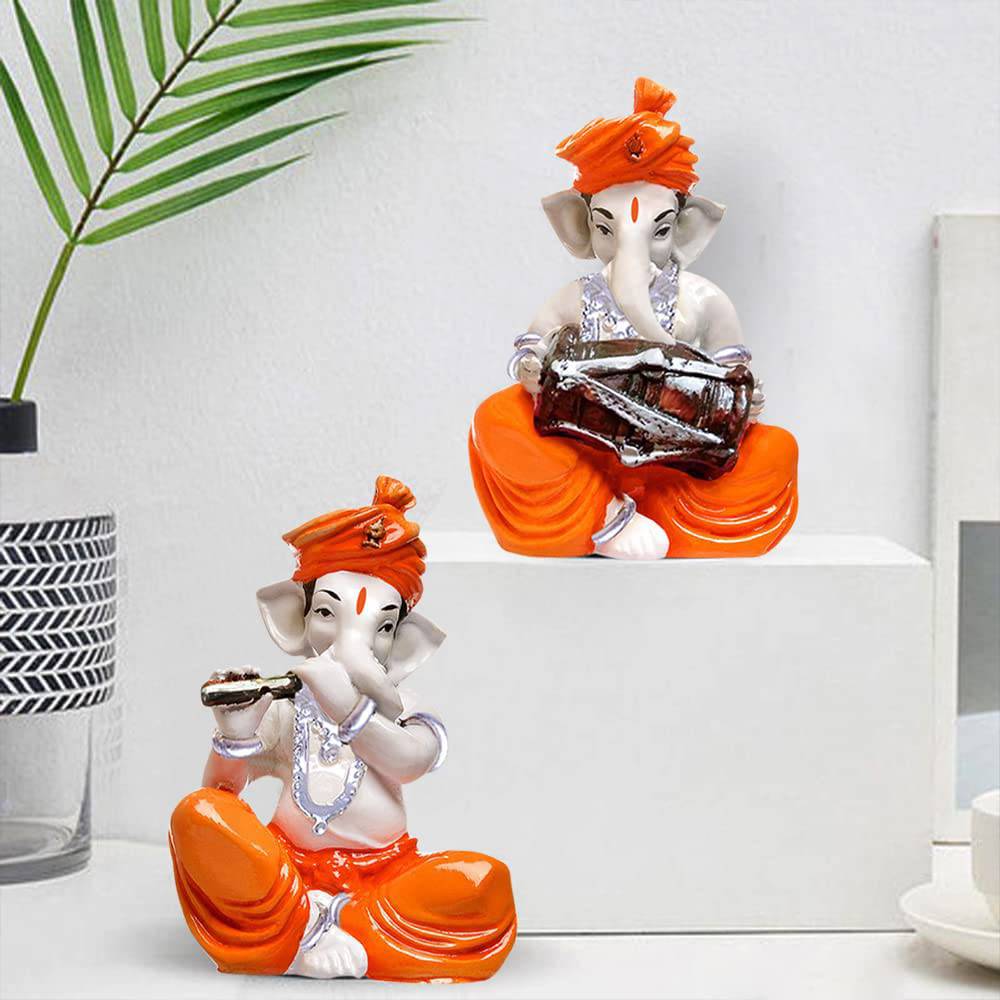 Musical Ganesha Pair for Home Decor | Brings Prosperity - (Orange and White, Pack of 2)(Resin) - YuvaFlowers