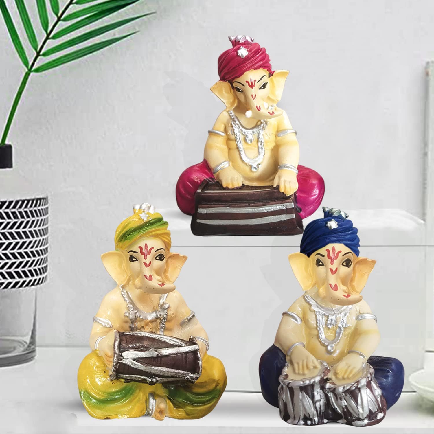 Musical Ganesha Pair for Home Decor | Brings Prosperity - (Orange and White, Pack of 2)(Resin) - YuvaFlowers
