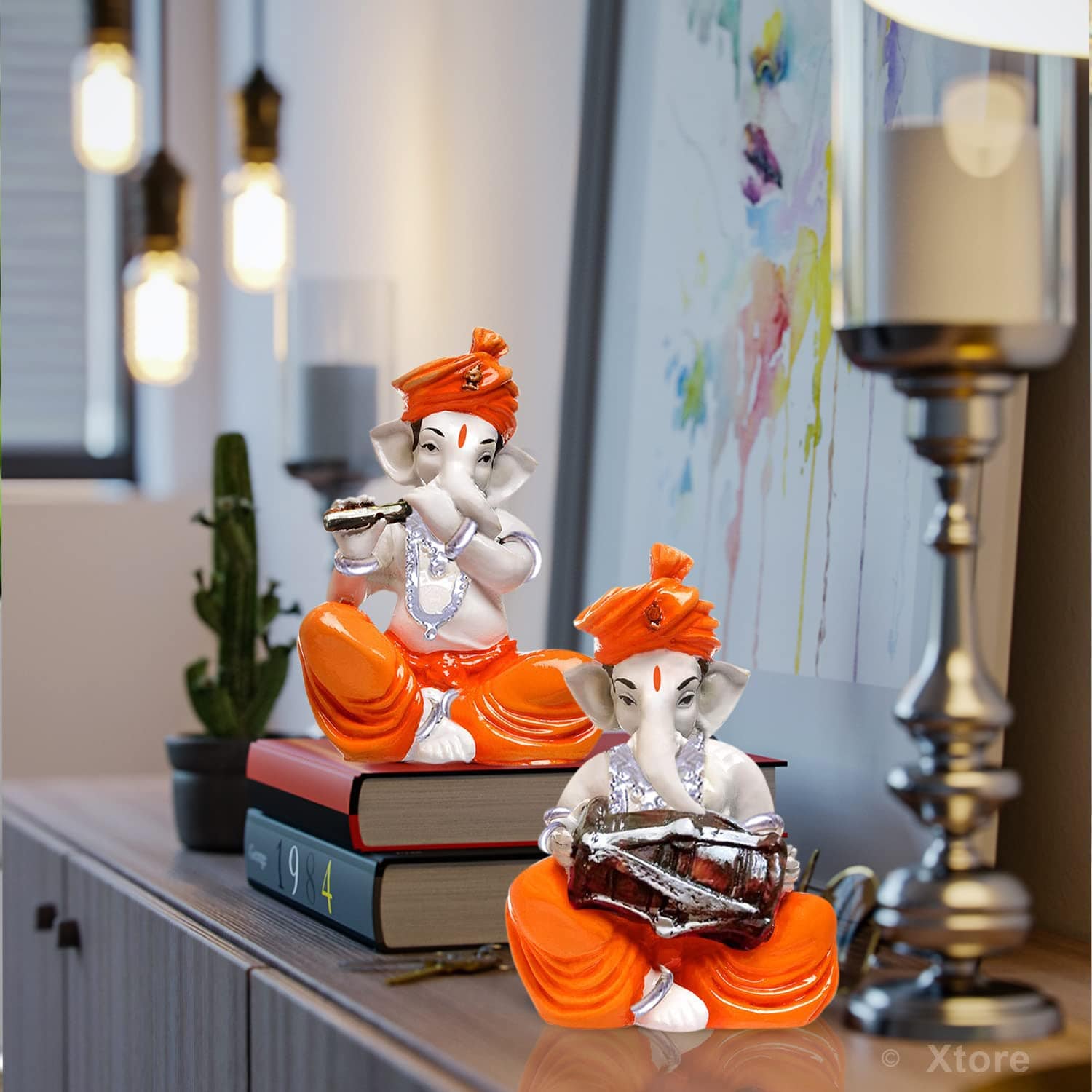 Musical Ganesha Pair for Home Decor | Brings Prosperity - (Orange and White, Pack of 2)(Resin) - YuvaFlowers