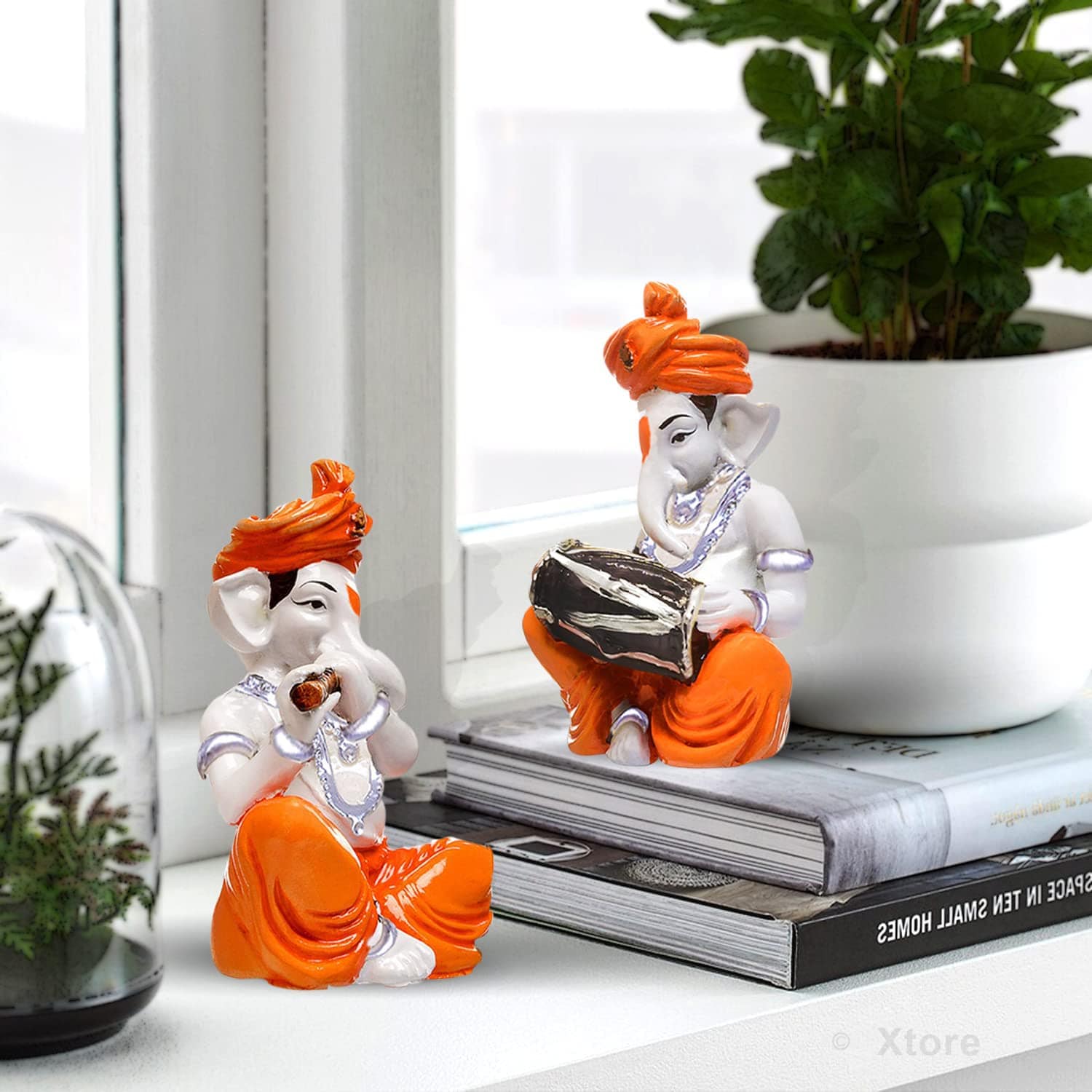 Musical Ganesha Pair for Home Decor | Brings Prosperity - (Orange and White, Pack of 2)(Resin) - YuvaFlowers