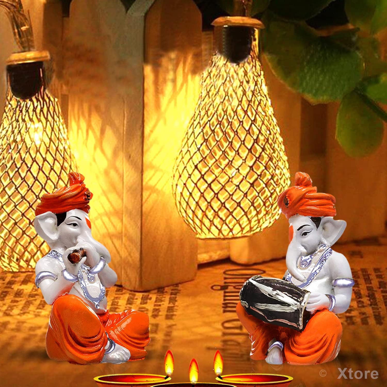 Musical Ganesha Pair for Home Decor | Brings Prosperity - (Orange and White, Pack of 2)(Resin) - YuvaFlowers