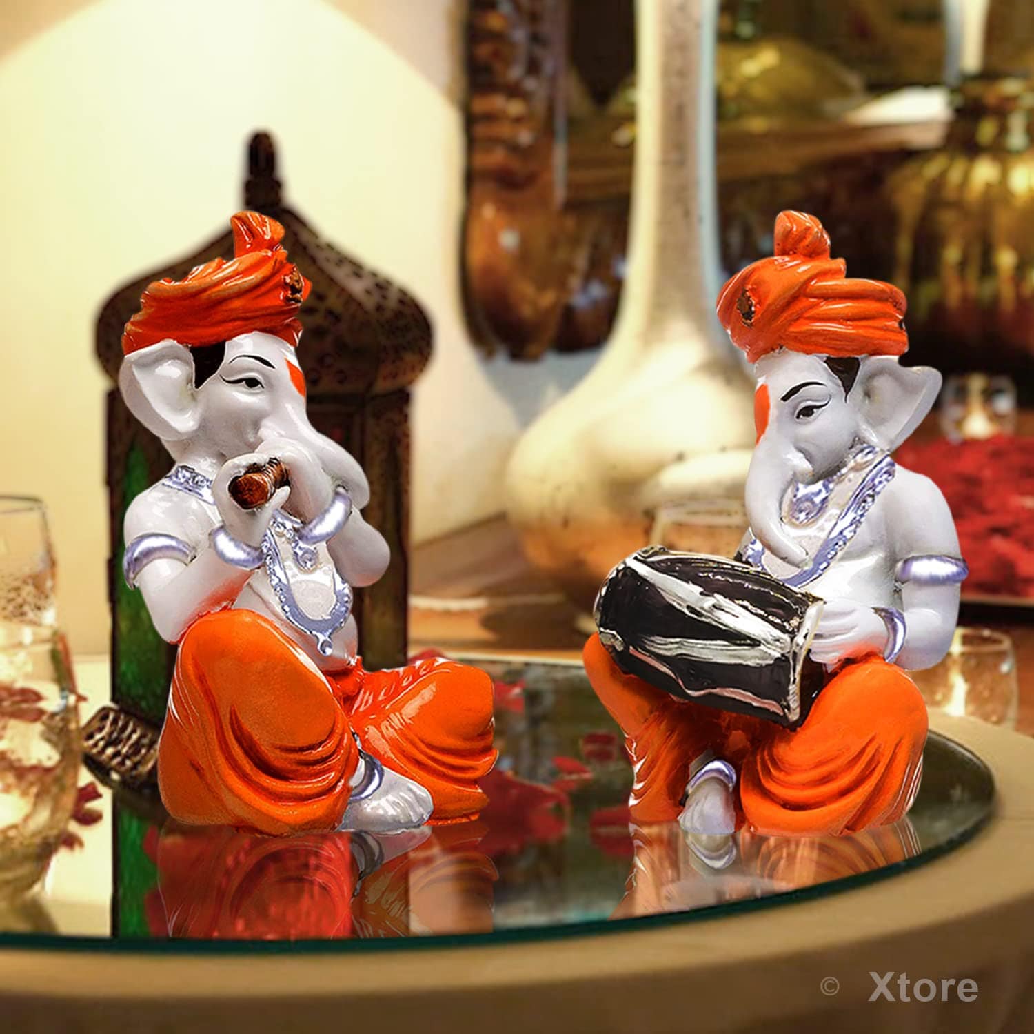 Musical Ganesha Pair for Home Decor | Brings Prosperity - (Orange and White, Pack of 2)(Resin) - YuvaFlowers