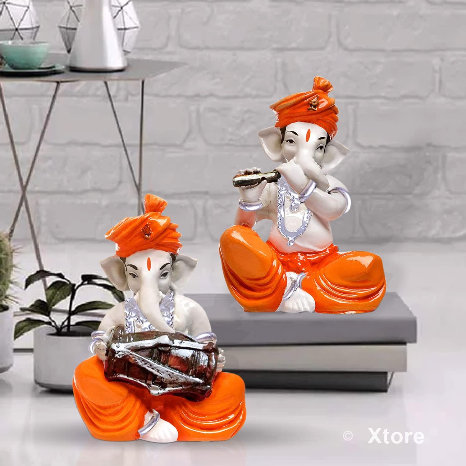 Musical Ganesha Pair for Home Decor | Brings Prosperity - (Orange and White, Pack of 2)(Resin) - YuvaFlowers
