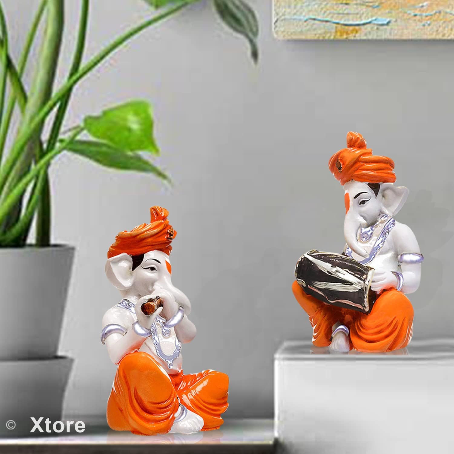 Musical Ganesha Pair for Home Decor | Brings Prosperity - (Orange and White, Pack of 2)(Resin) - YuvaFlowers
