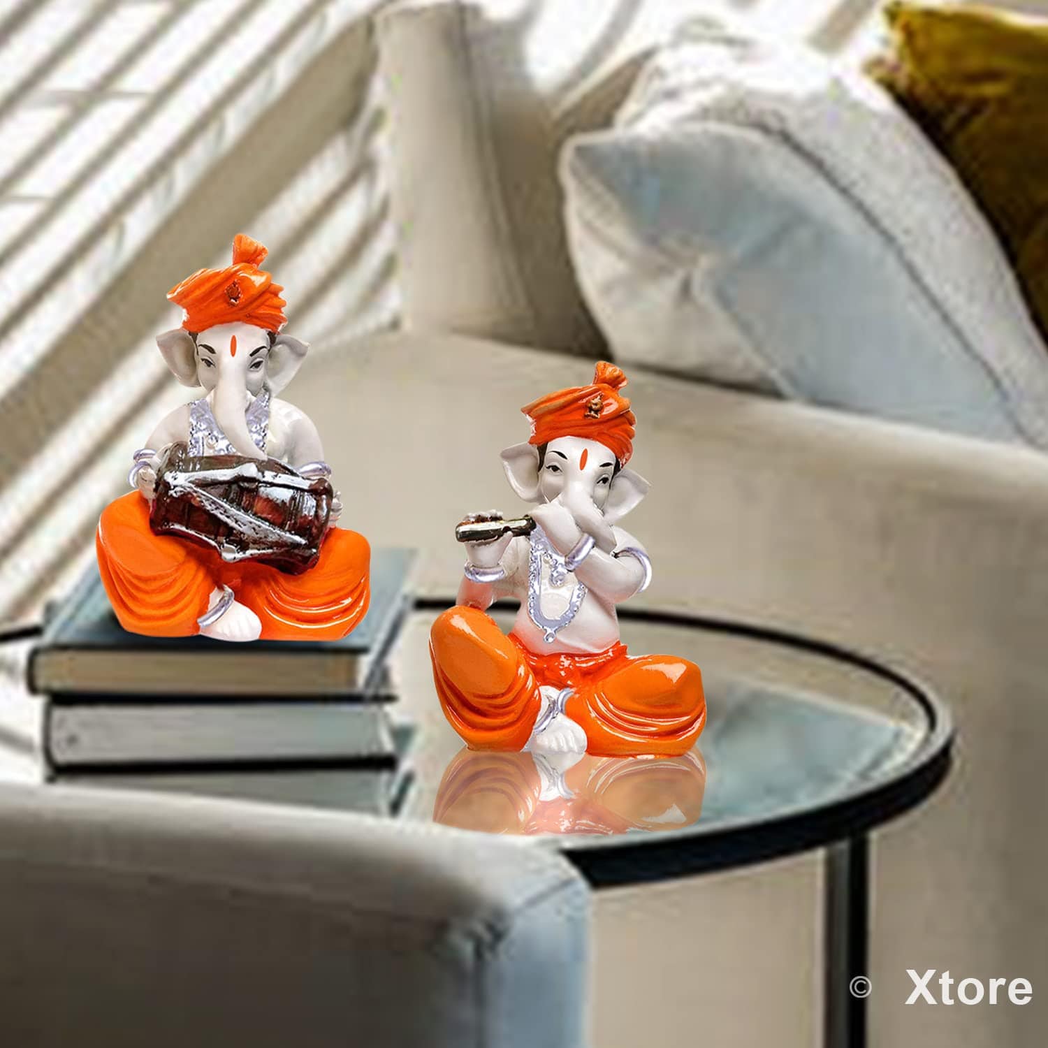 Musical Ganesha Pair for Home Decor | Brings Prosperity - (Orange and White, Pack of 2)(Resin) - YuvaFlowers