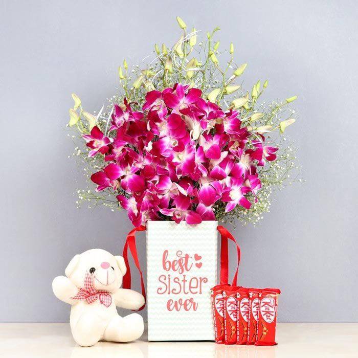 Orchid Bouquet  Combo with Teddy Kitkat - YuvaFlowers