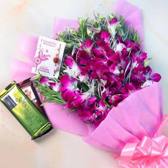 Orchid Bouquet with Temptation Rakhi Combo - YuvaFlowers