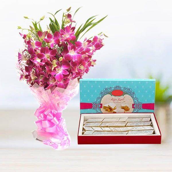 Orchid with Kaju Katli - YuvaFlowers