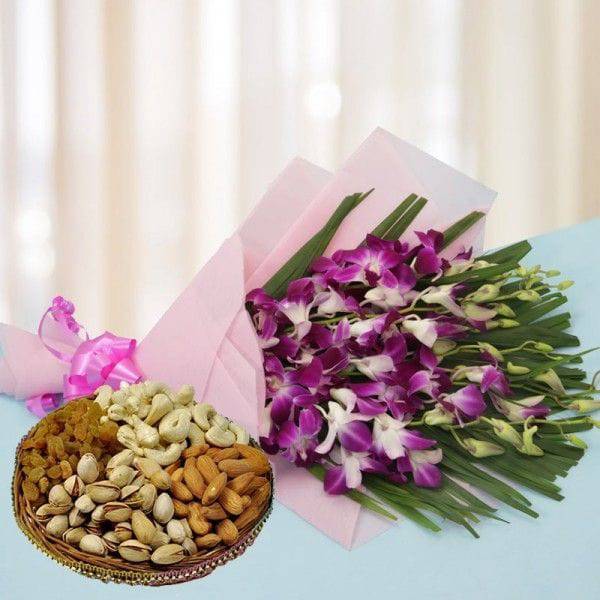 Orchids and Dry Fruits - YuvaFlowers