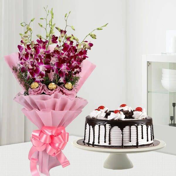 Orchids Bouquet & Black Forest Cake - YuvaFlowers