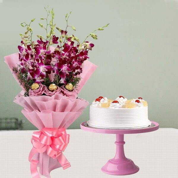 Orchids Bouquet & Pineapple Cake Combo - YuvaFlowers
