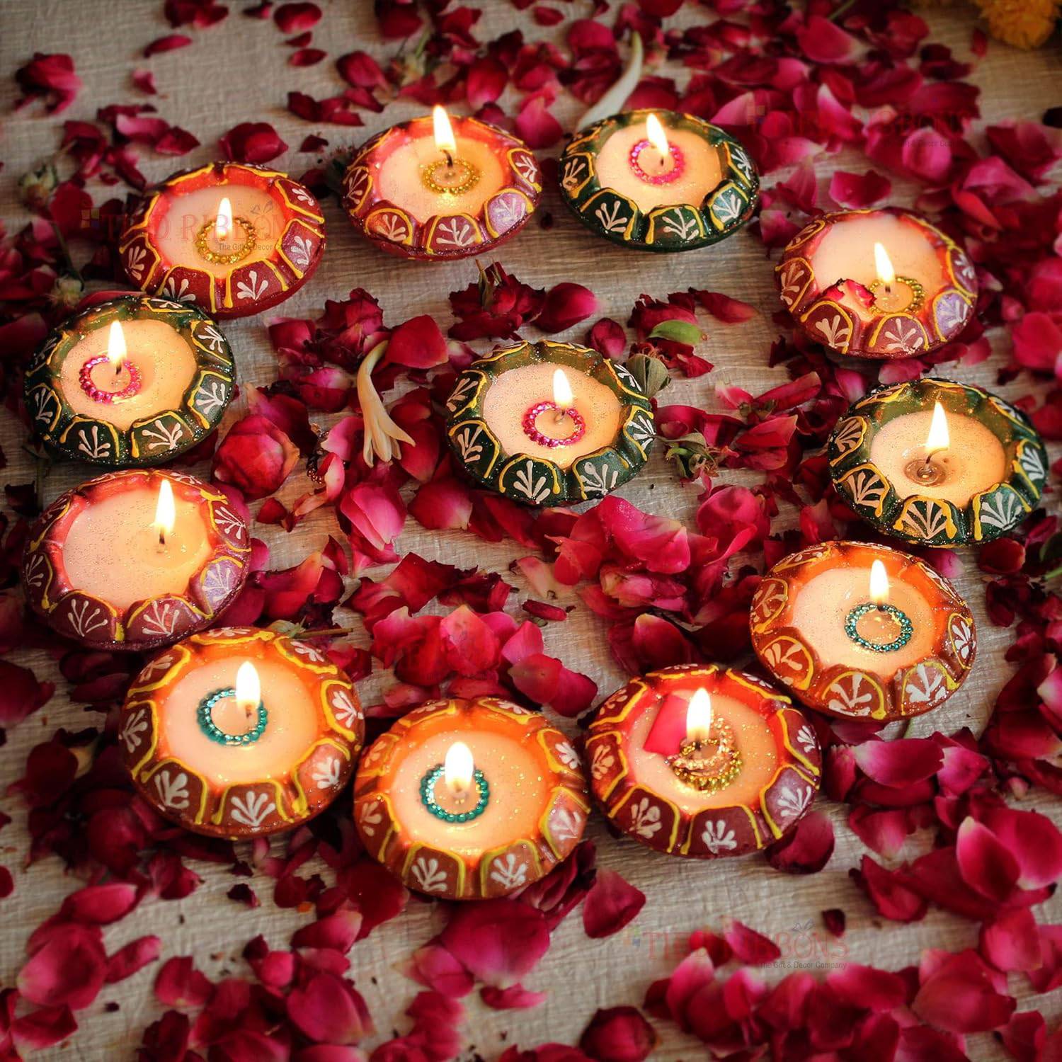 Pack of 12 Diwali Diya Set - Clay Teracotta Diya Set Waxed Filled Mitti Diya Earthen Diyas Combo Pack - Diwali Decoration Items for Home Decor (Set of 12, Multicolor, Wax Filled) - YuvaFlowers