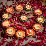 Pack of 12 Diwali Diya Set - Clay Teracotta Diya Set Waxed Filled Mitti Diya Earthen Diyas Combo Pack - Diwali Decoration Items for Home Decor (Set of 12, Multicolor, Wax Filled) - YuvaFlowers