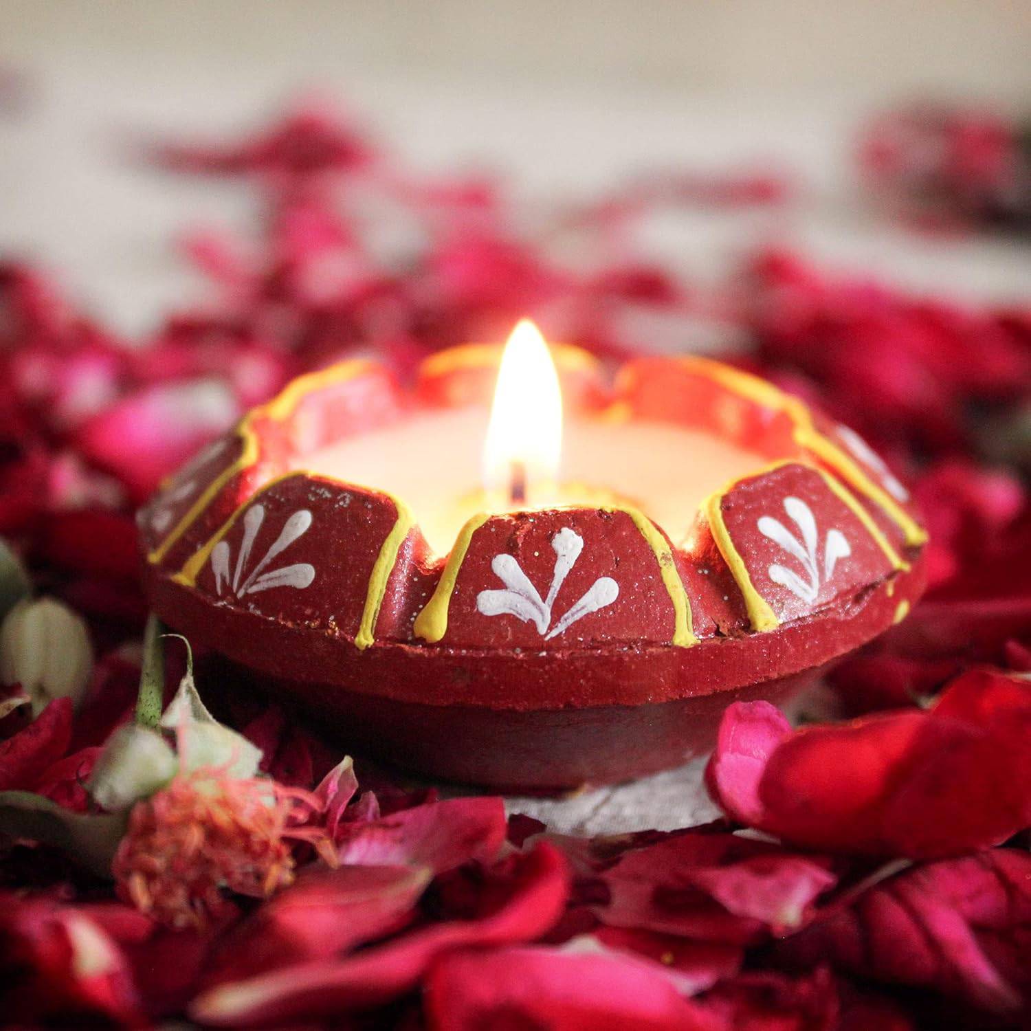 Pack of 12 Diwali Diya Set - Clay Teracotta Diya Set Waxed Filled Mitti Diya Earthen Diyas Combo Pack - Diwali Decoration Items for Home Decor (Set of 12, Multicolor, Wax Filled) - YuvaFlowers