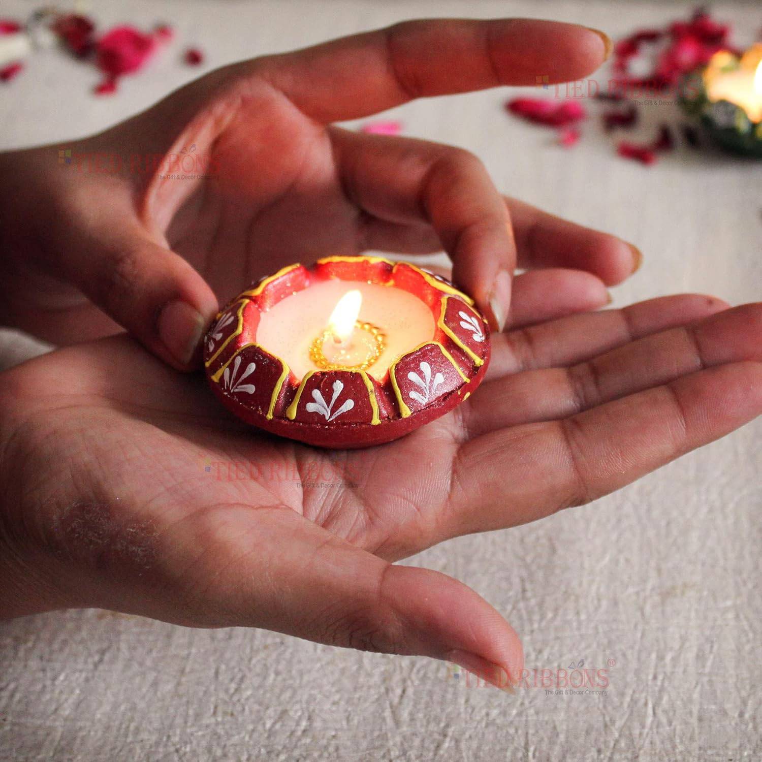 Pack of 12 Diwali Diya Set - Clay Teracotta Diya Set Waxed Filled Mitti Diya Earthen Diyas Combo Pack - Diwali Decoration Items for Home Decor (Set of 12, Multicolor, Wax Filled) - YuvaFlowers