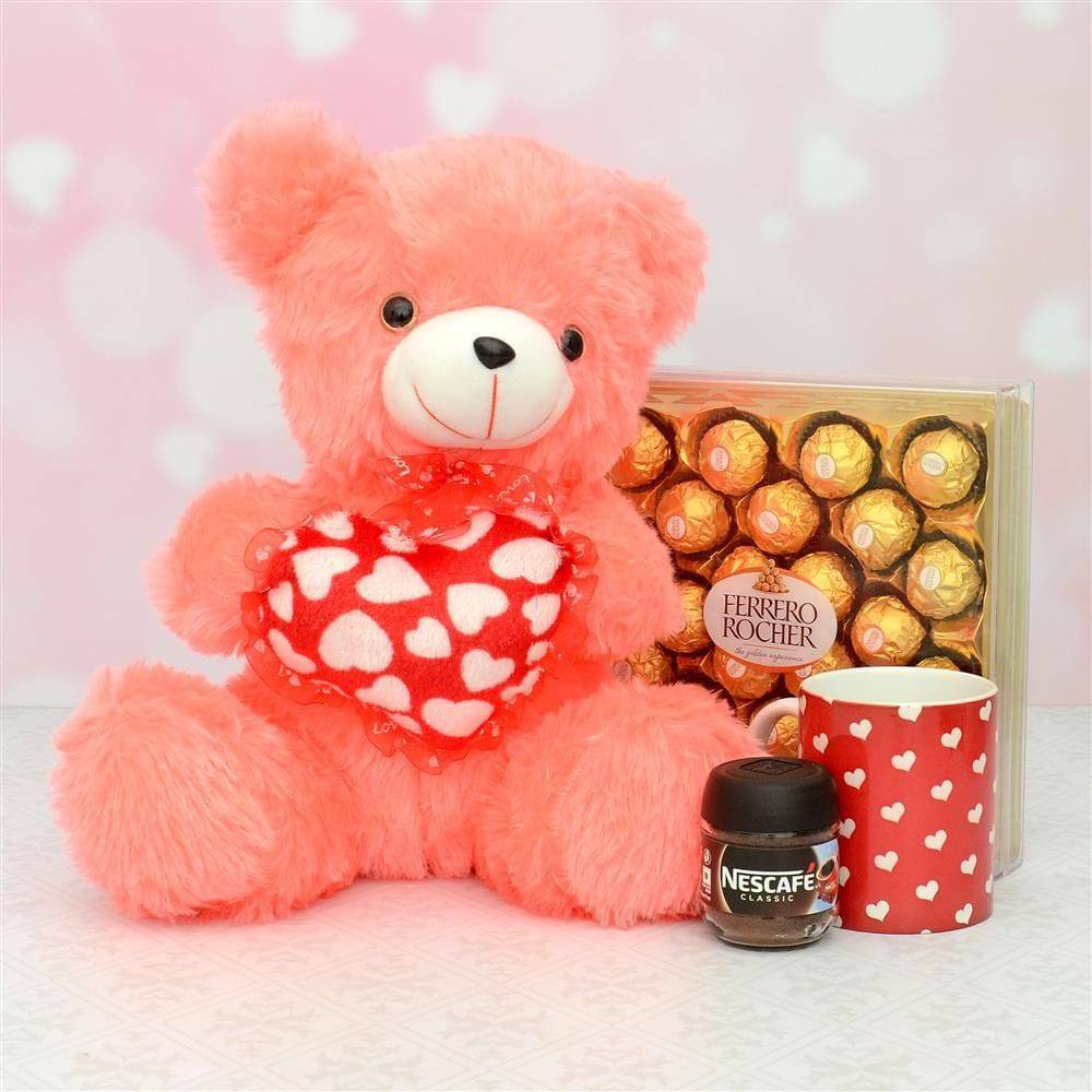 Peach Color Love Teddy With Ferrero Rocher Hamper - YuvaFlowers