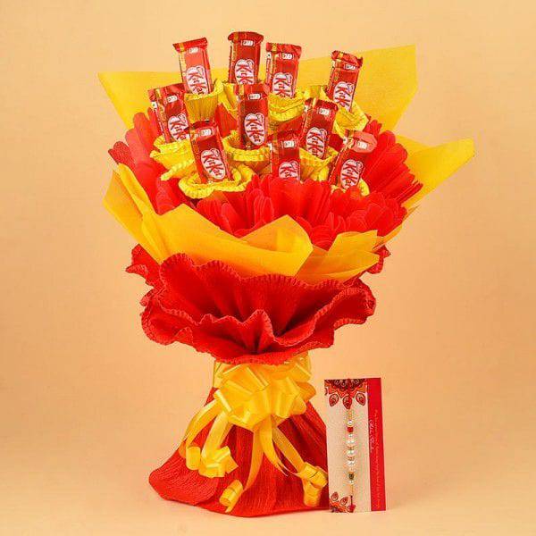 Pearl Rakhi N KitKat Chocolate Bouquet - YuvaFlowers