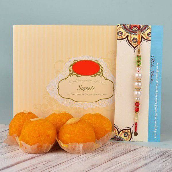 Pearl Rakhi N Motichoor Laddoo - YuvaFlowers