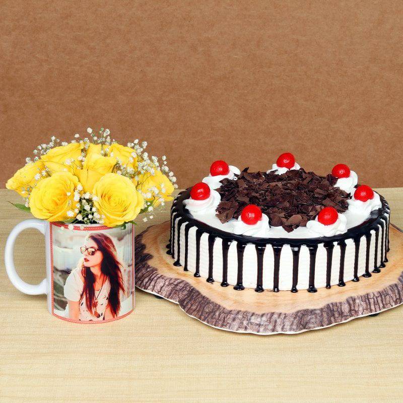 Personalised Mug With Cake N Roses Arrangement - YuvaFlowers