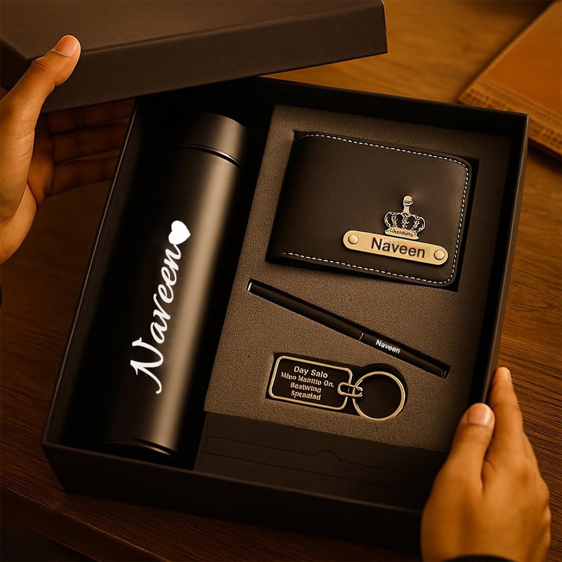 Personalized Premium Black Gift Set – Custom Name Bottle, Wallet, Pen ...